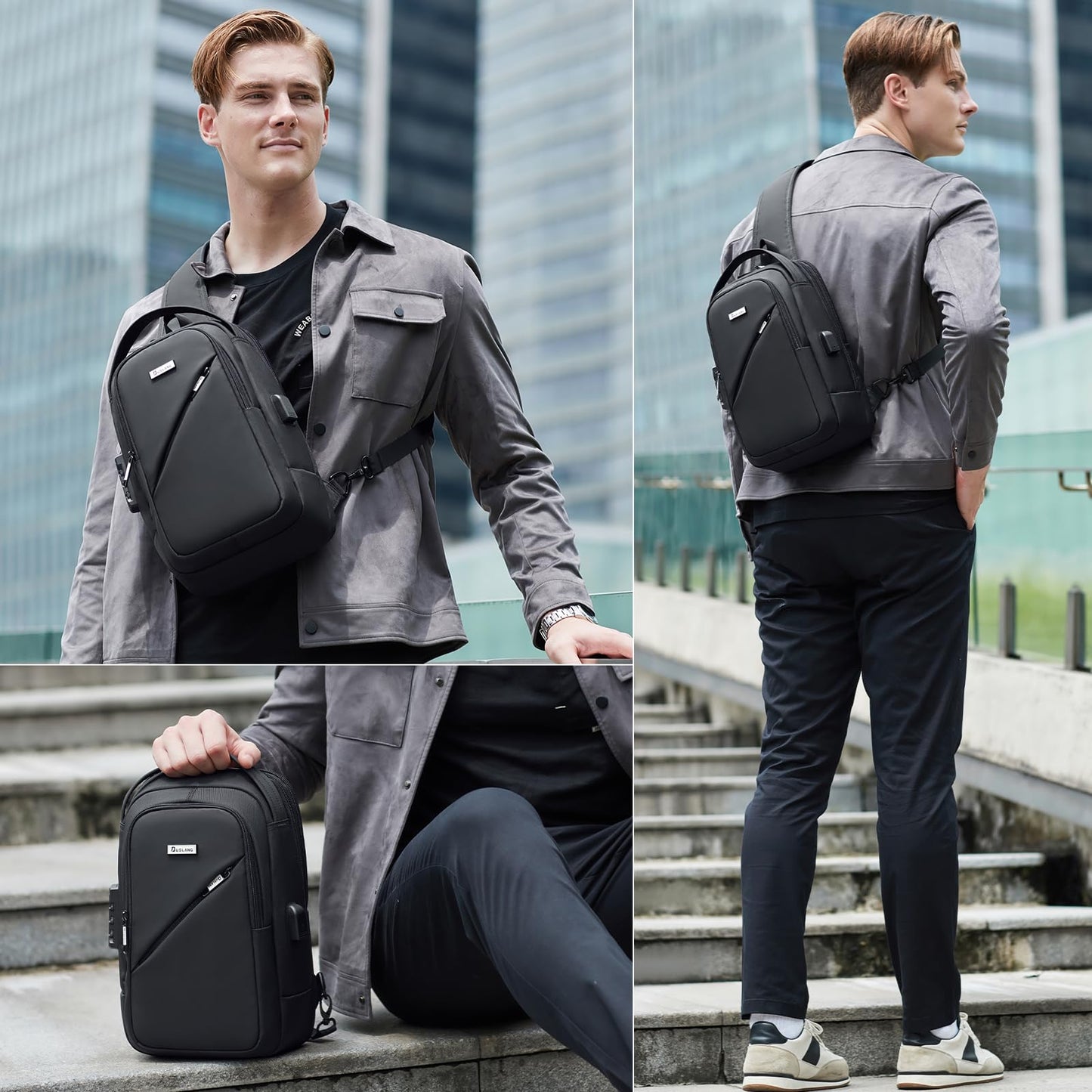 Hiking Daypack Shoulder Backpack Crossbody Sling bag for Men, Chest Bags with USB Charger Port For Casual Camping Biking Travel Cycling