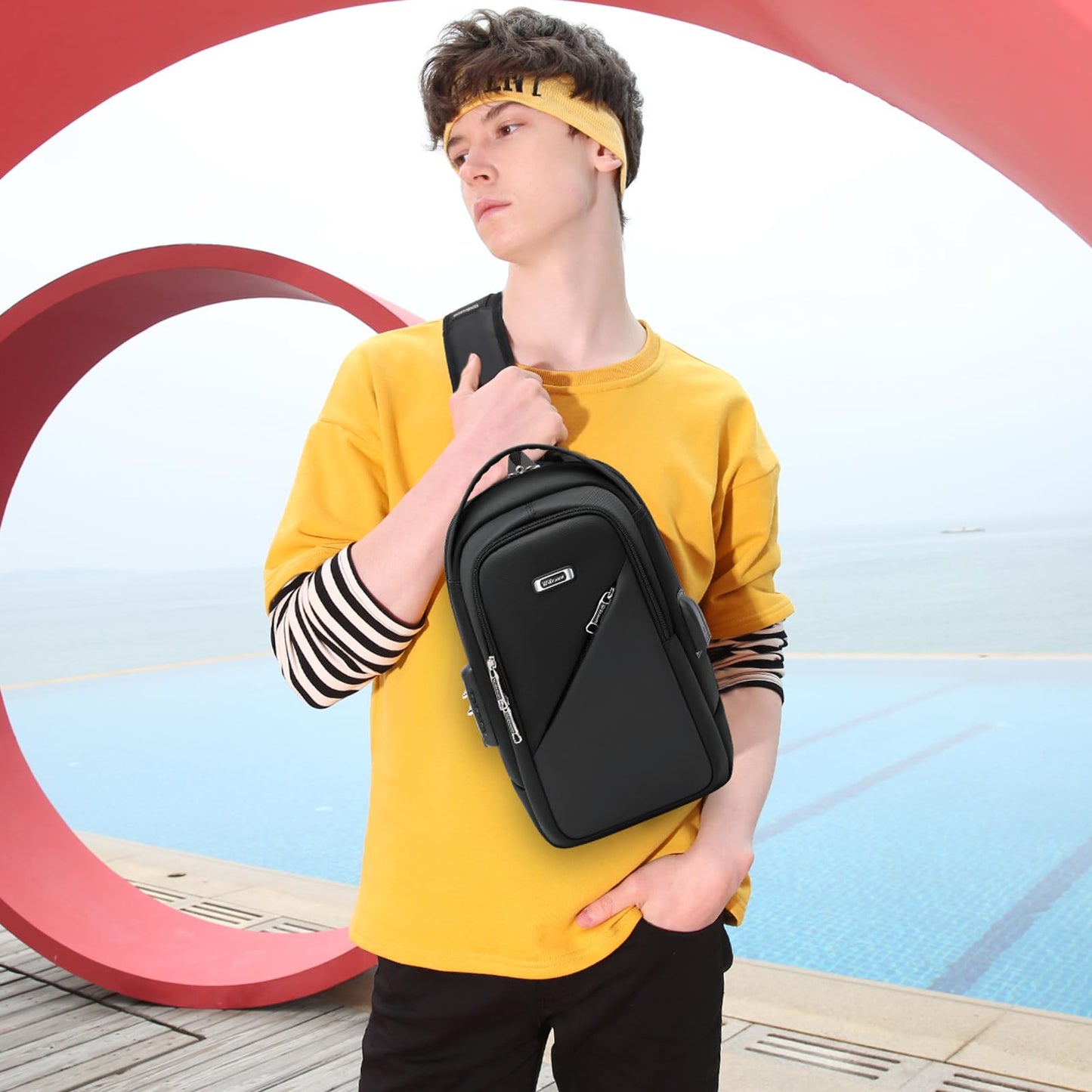 Hiking Daypack Shoulder Backpack Crossbody Sling bag for Men, Chest Bags with USB Charger Port For Casual Camping Biking Travel Cycling