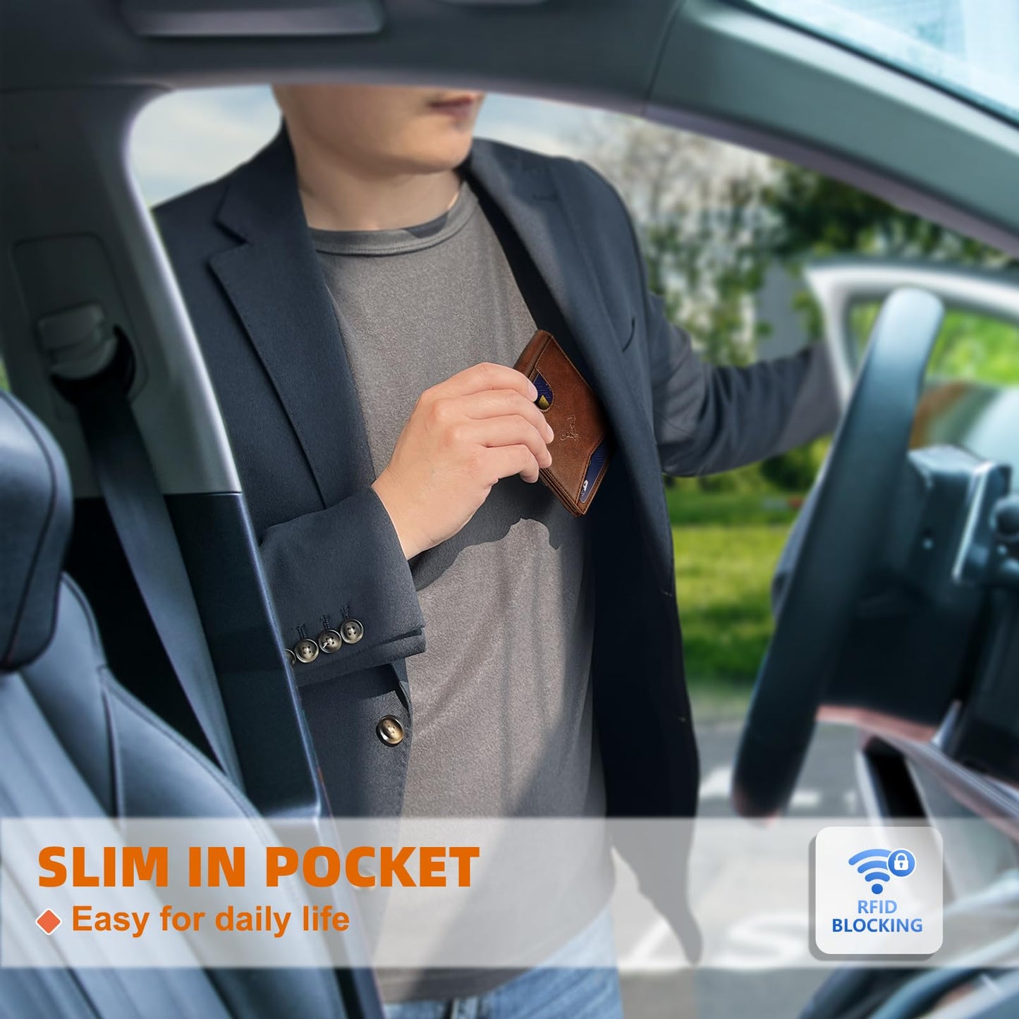 Men Wallet, Slim Leather Wallet Front Pocket Card Holder Gift For Men 11 Slots RFID Blocking