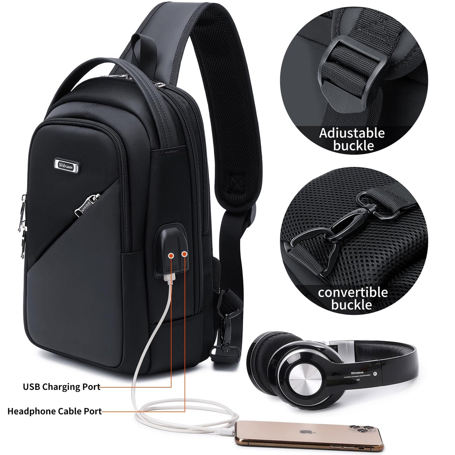 Hiking Daypack Shoulder Backpack Crossbody Sling bag for Men, Chest Bags with USB Charger Port For Casual Camping Biking Travel Cycling