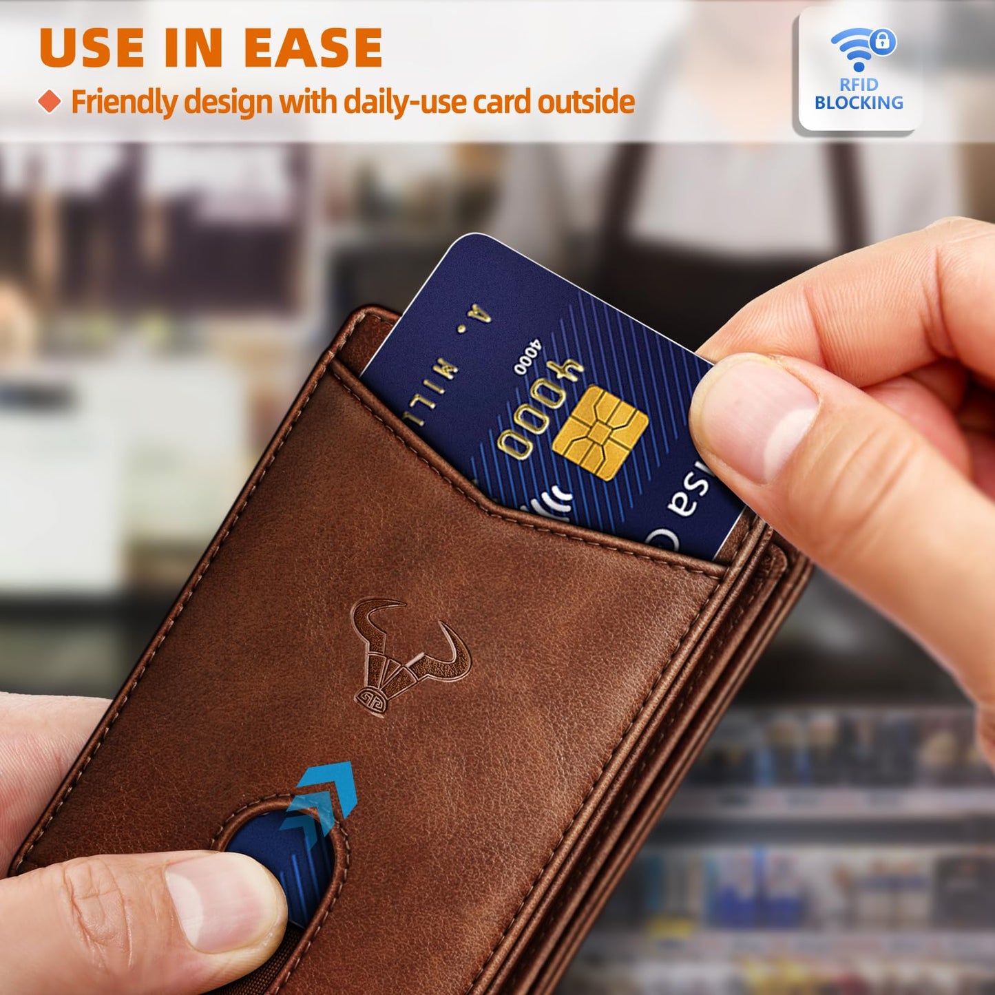 Men Wallet, Slim Leather Wallet Front Pocket Card Holder Gift For Men 11 Slots RFID Blocking