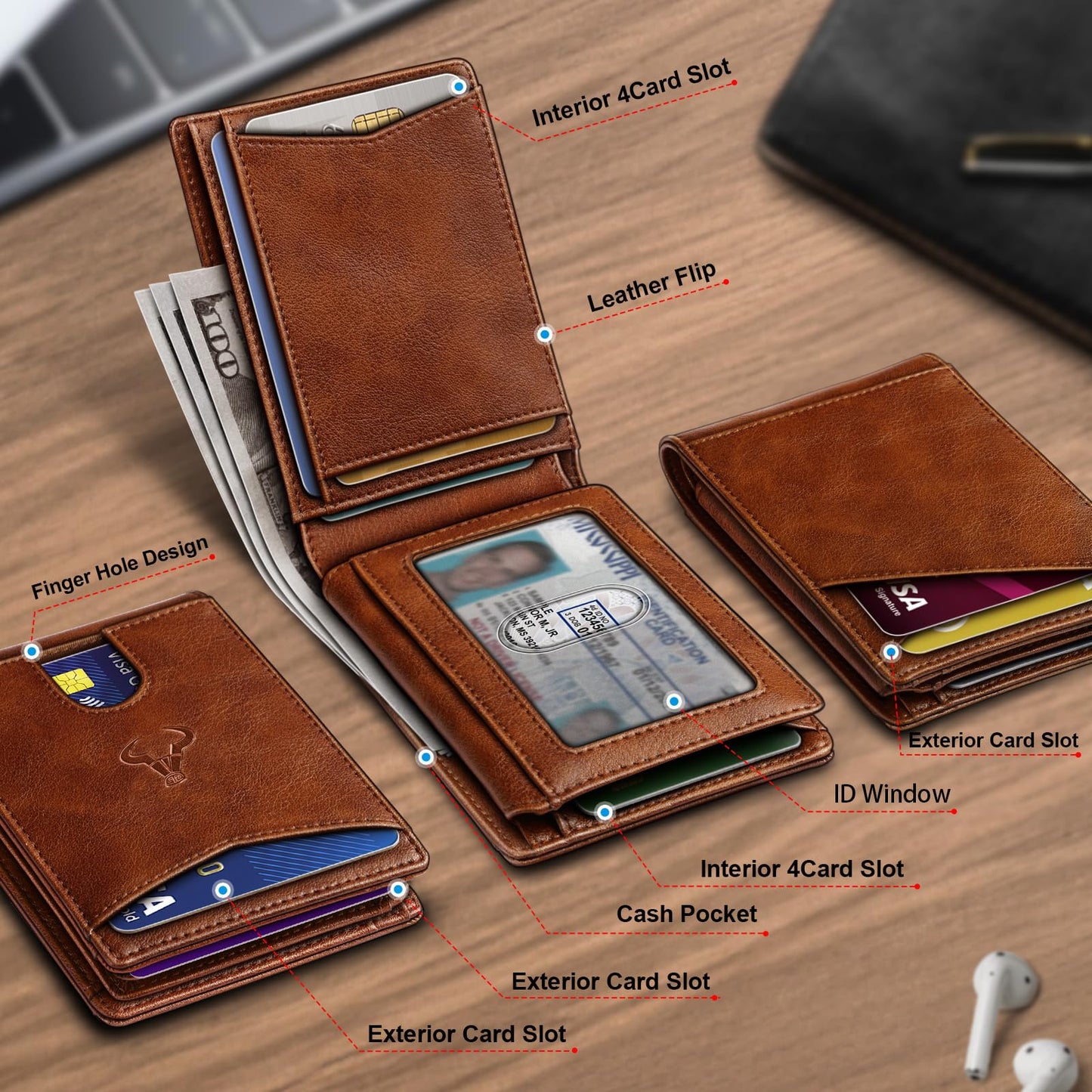 Men Wallet, Slim Leather Wallet Front Pocket Card Holder Gift For Men 11 Slots RFID Blocking