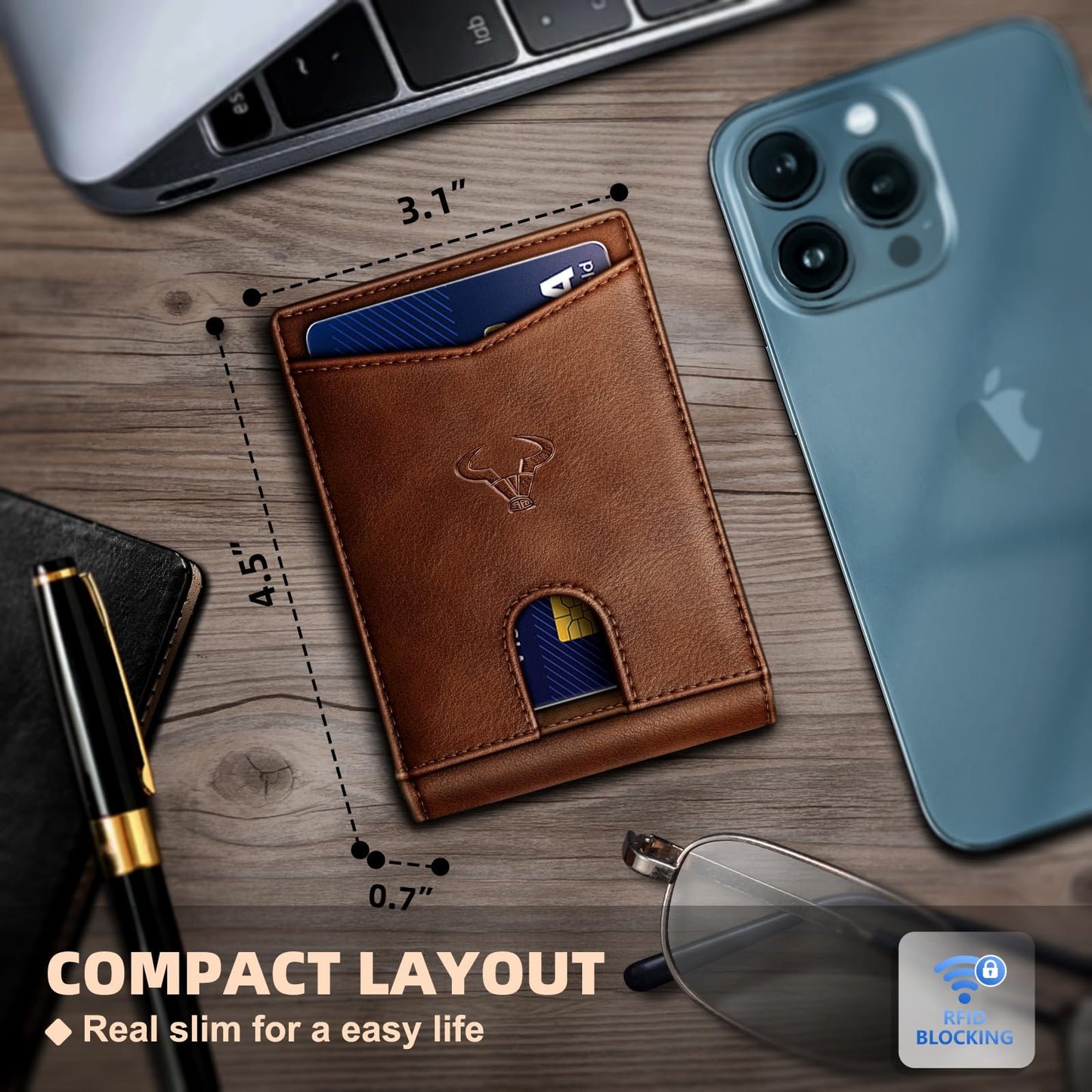 Men Wallet, Slim Leather Wallet Front Pocket Card Holder Gift For Men 11 Slots RFID Blocking